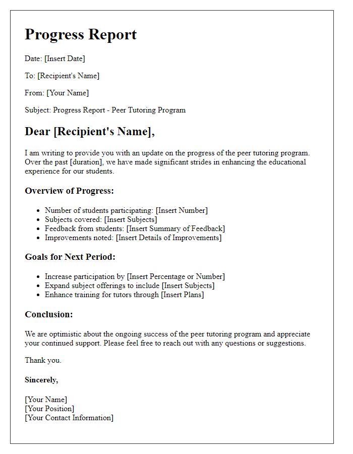 Letter template of progress report for peer tutoring program