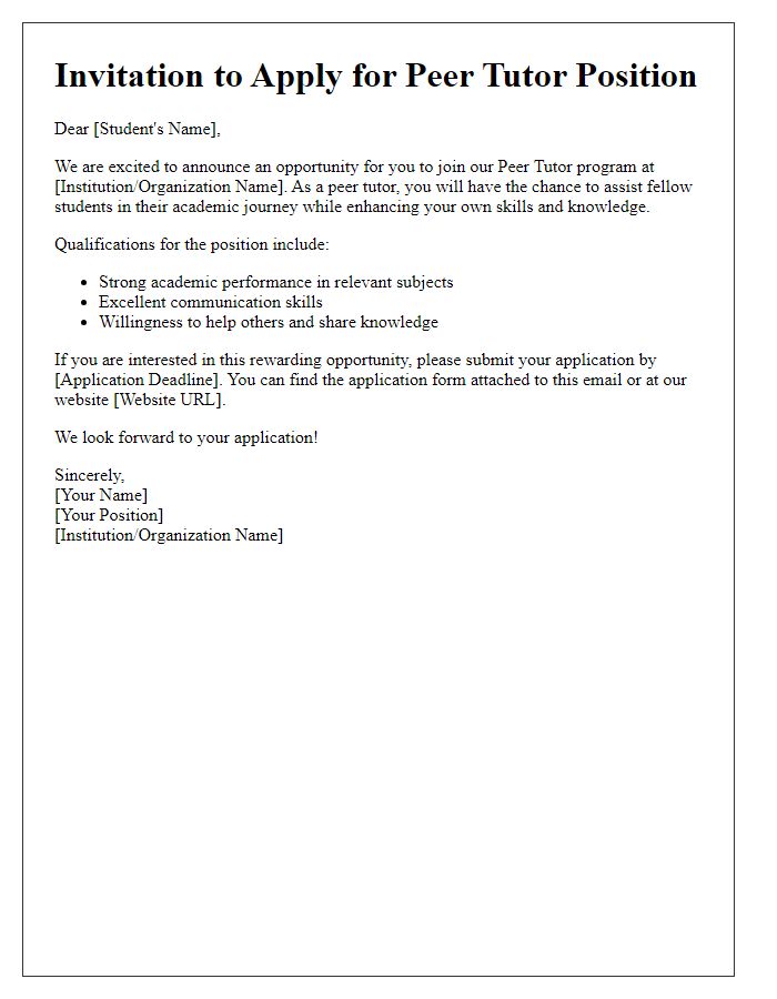 Letter template of recruitment for new peer tutors