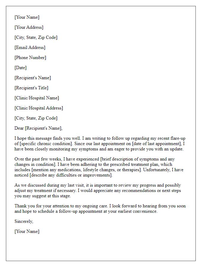 Letter template of follow-up regarding chronic condition flare-up progress.