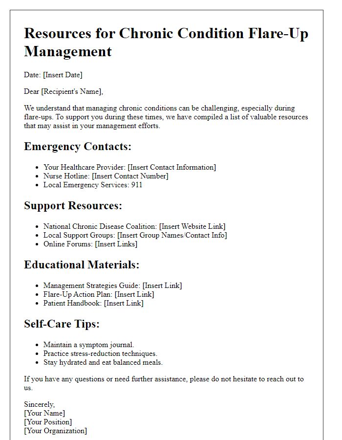 Letter template of resources for chronic condition flare-up management.