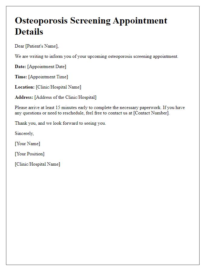 Letter template of osteoporosis screening appointment details