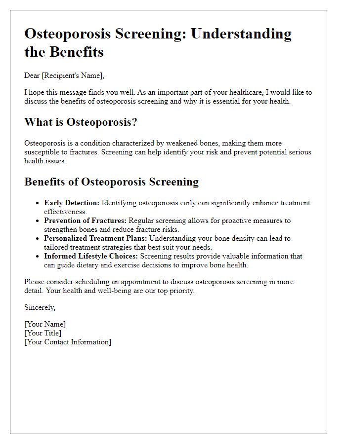 Letter template of osteoporosis screening benefits explanation