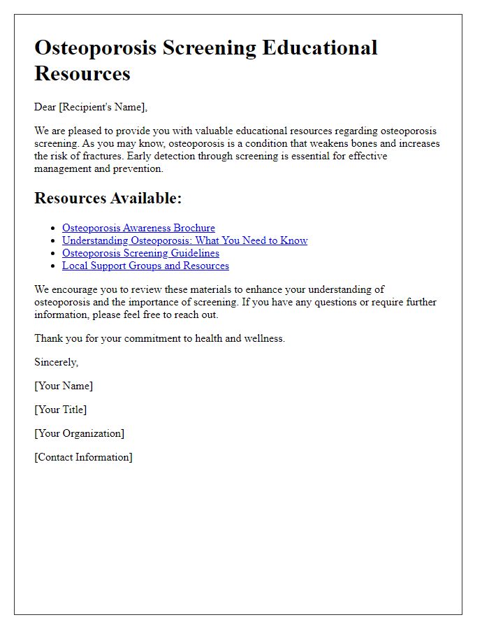 Letter template of osteoporosis screening educational resources