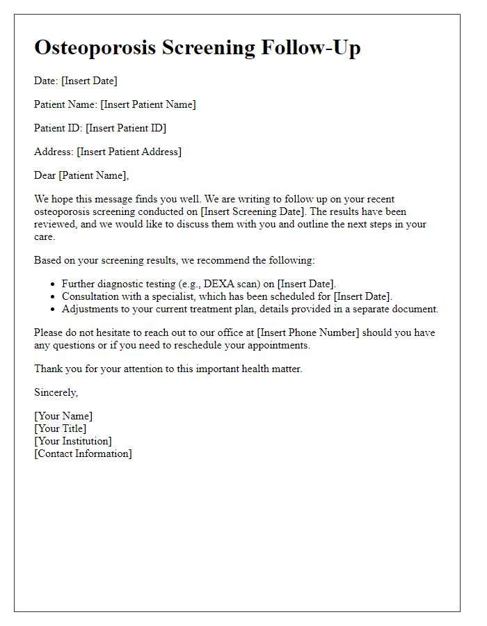 Letter template of osteoporosis screening follow-up procedures