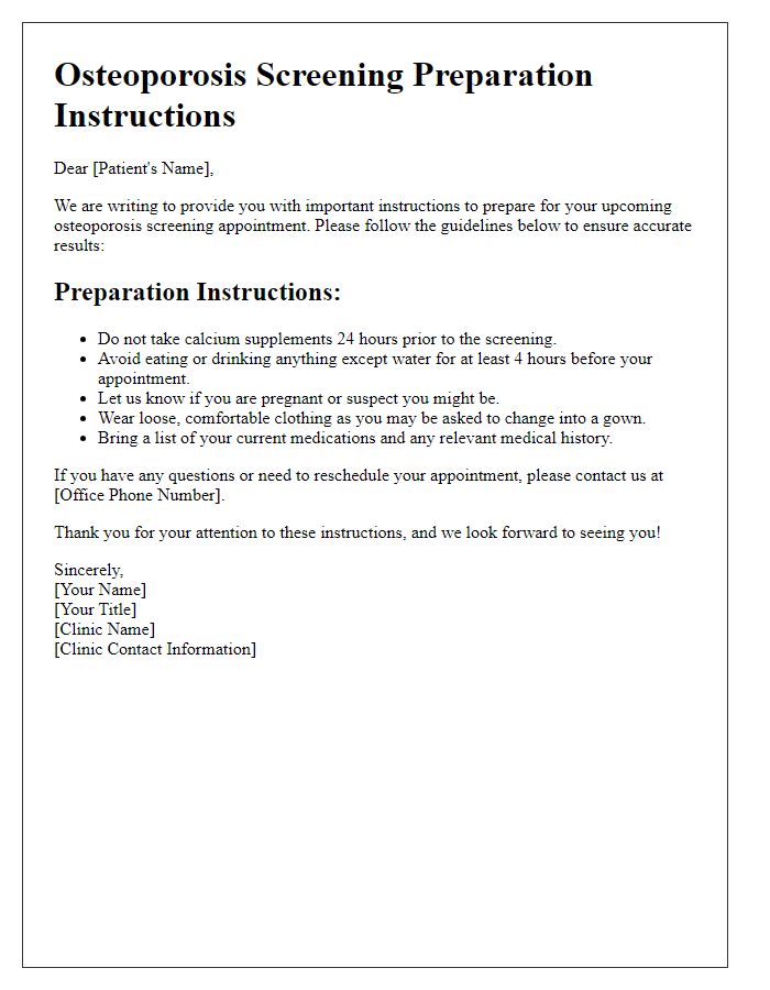 Letter template of osteoporosis screening preparation instructions