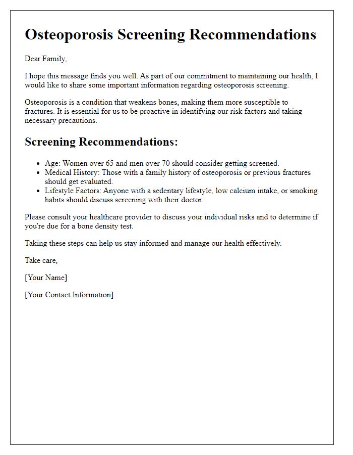 Letter template of osteoporosis screening recommendations for family