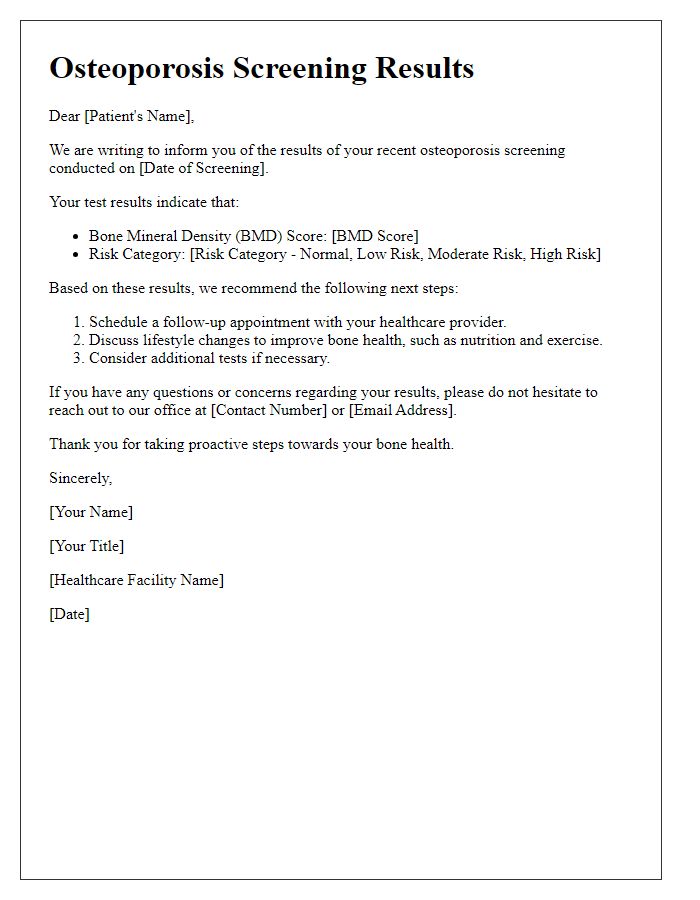 Letter template of osteoporosis screening results notification