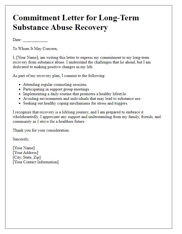 Letter template of commitment for long-term substance abuse recovery plans