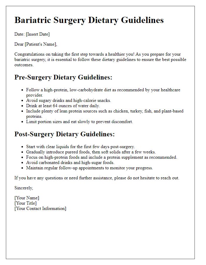 Letter template of Bariatric Surgery Dietary Guidelines