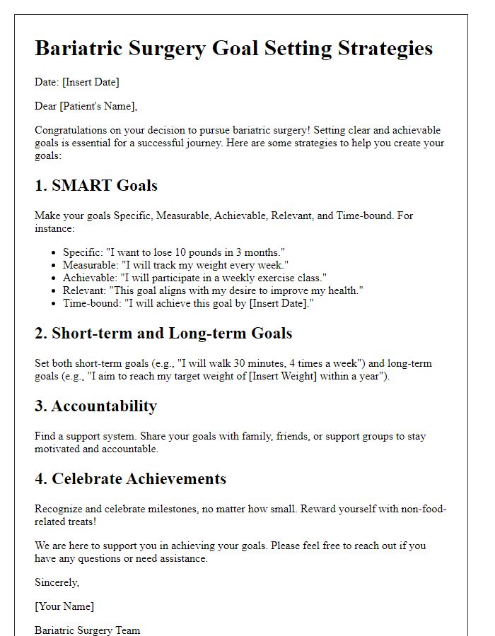 Letter template of Bariatric Surgery Goal Setting Strategies