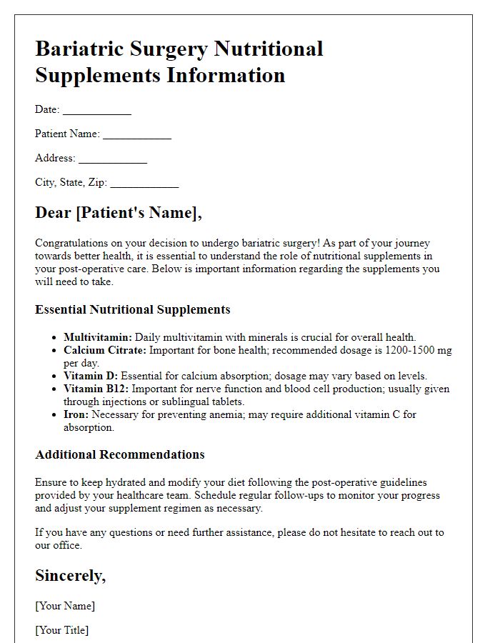 Letter template of Bariatric Surgery Nutritional Supplements Information