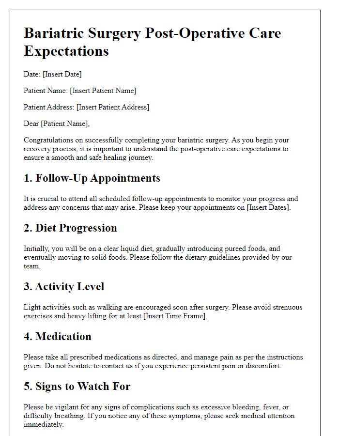 Letter template of Bariatric Surgery Post-Operative Care Expectations