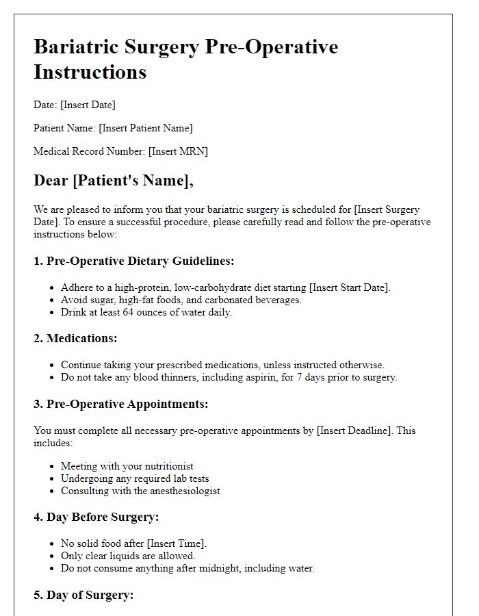 Letter template of Bariatric Surgery Pre-Operative Instructions