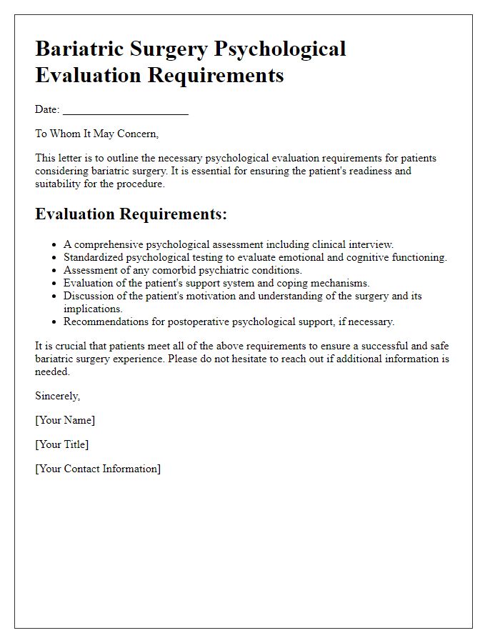 Letter template of Bariatric Surgery Psychological Evaluation Requirements