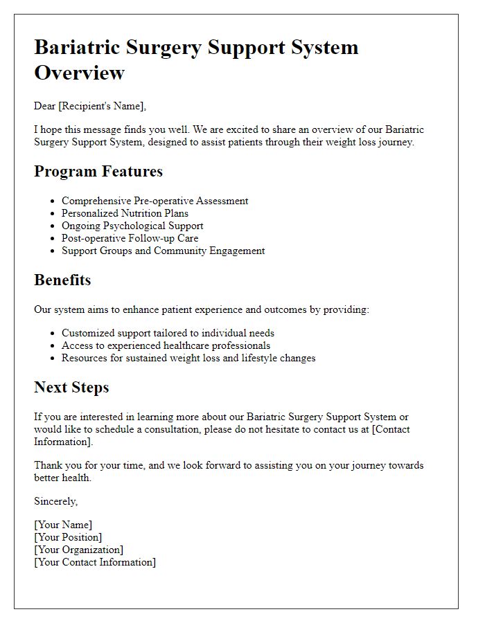 Letter template of Bariatric Surgery Support System Overview