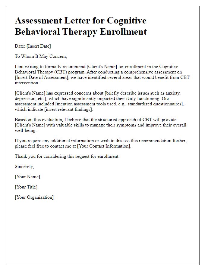 Letter template of assessment for cognitive behavioral therapy enrollment.