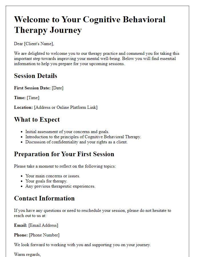 Letter template of client onboarding for cognitive behavioral therapy sessions.