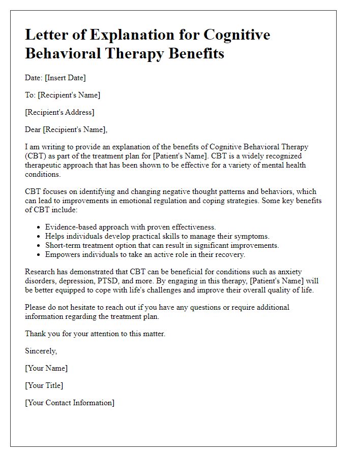 Letter template of explanation for cognitive behavioral therapy benefits.