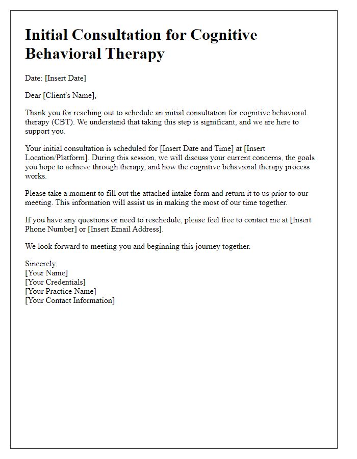 Letter template of initial consultation for cognitive behavioral therapy.