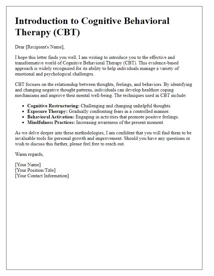 Letter template of introduction to CBT techniques and methodologies.