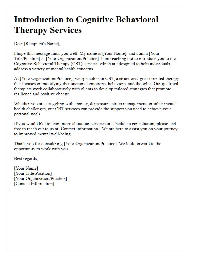 Letter template of introduction to cognitive behavioral therapy services.