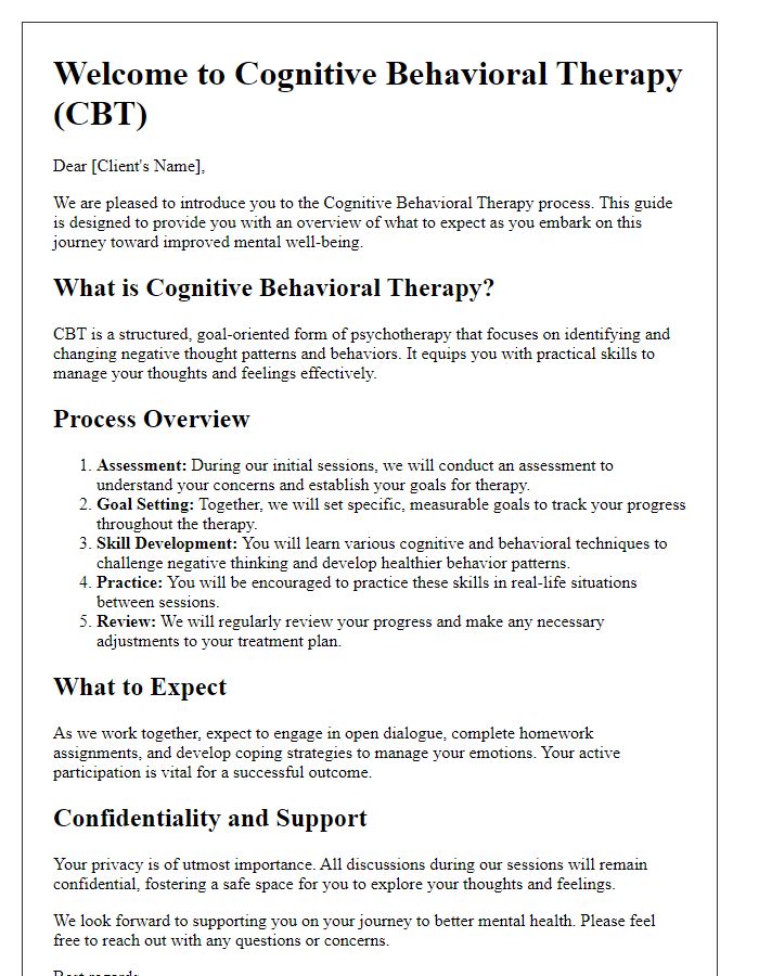 Letter template of introductory guide for cognitive behavioral therapy process.