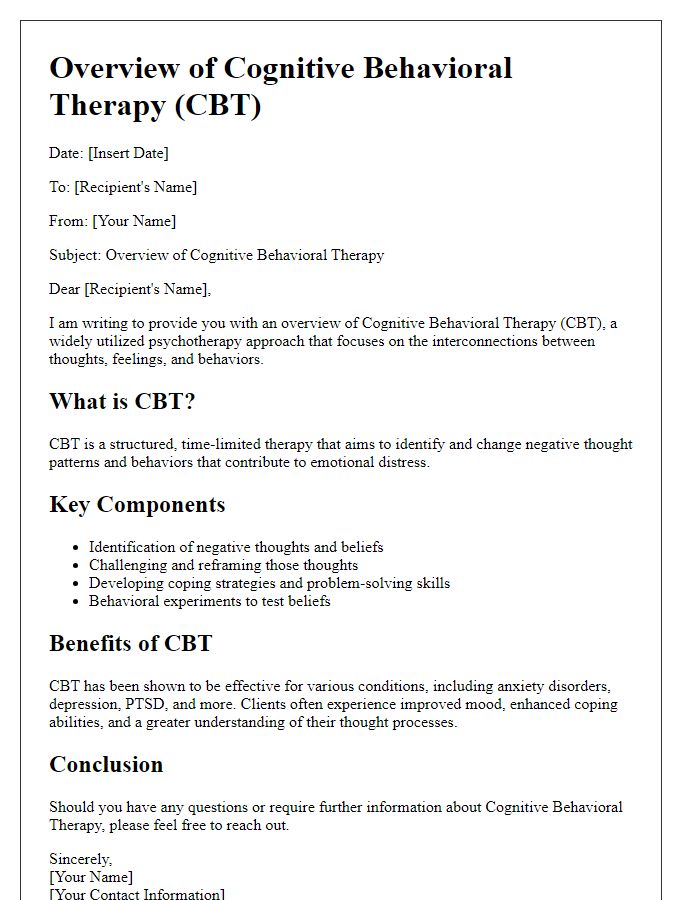 Letter template of overview for cognitive behavioral therapy approach.