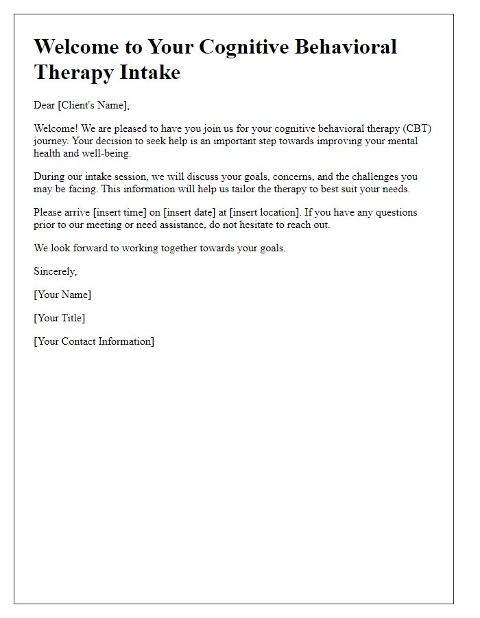 Letter template of welcome for cognitive behavioral therapy intake.