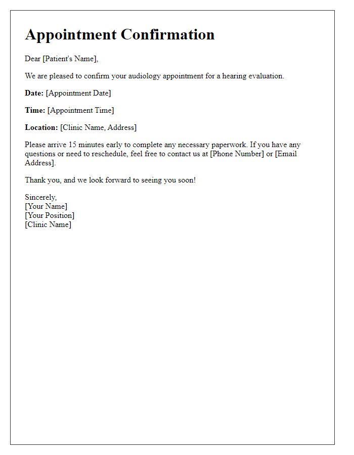 Letter template of audiology appointment confirmation for hearing evaluation.