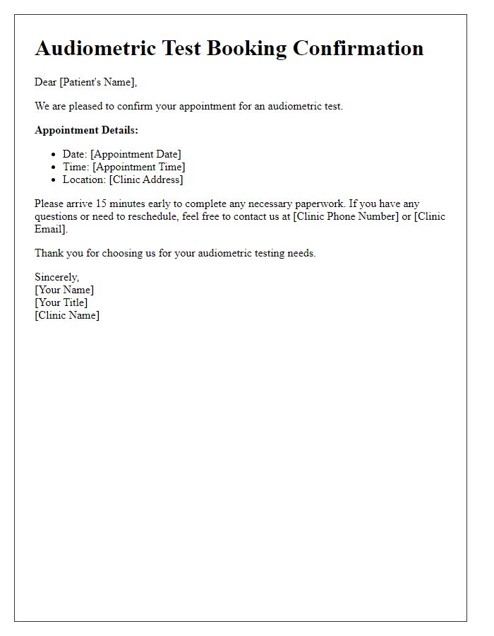 Letter template of audiometric test booking confirmation.