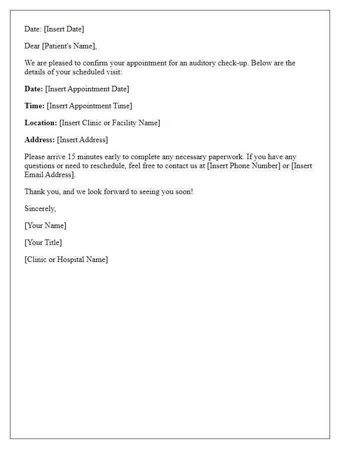 Letter template of auditory check-up scheduling confirmation.