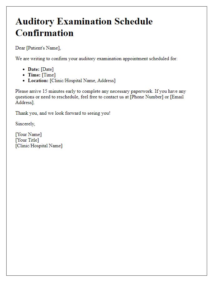 Letter template of auditory examination schedule confirmation.