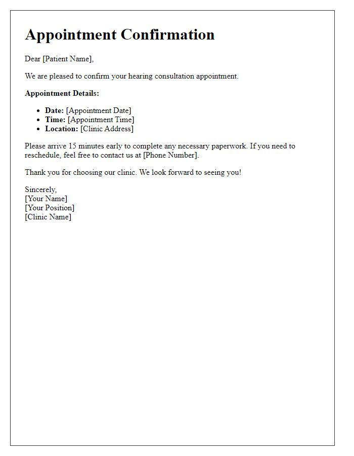 Letter template of hearing consultation appointment details.