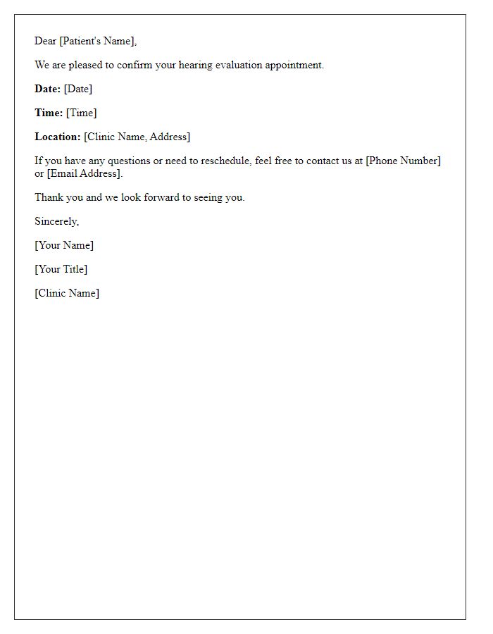 Letter template of hearing evaluation time slot confirmation.