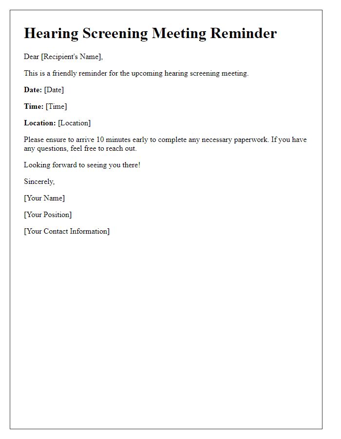 Letter template of hearing screening meeting reminder.