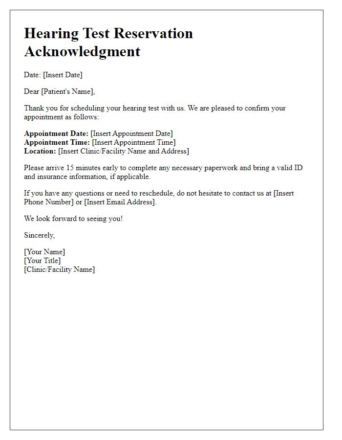 Letter template of hearing test reservation acknowledgment.