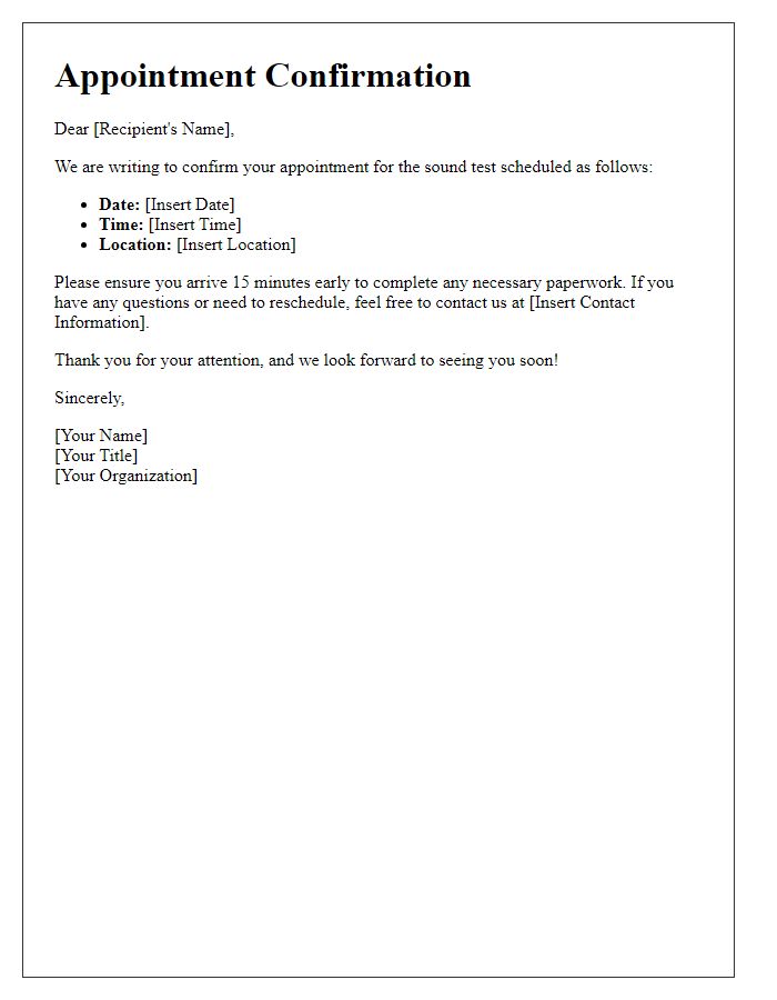 Letter template of sound test appointment verification.