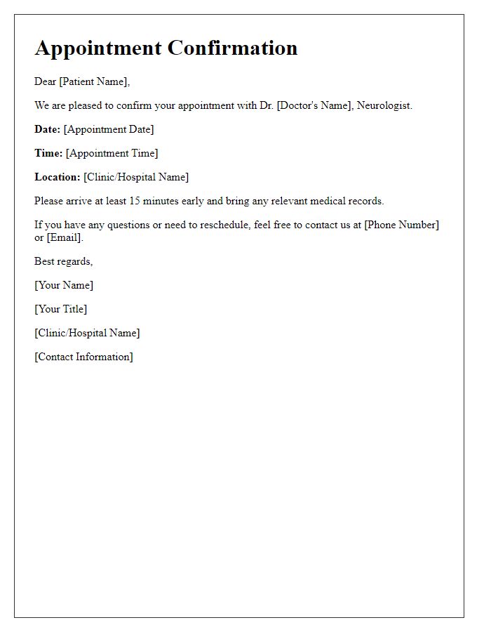 Letter template of appointment confirmation for neurology visit