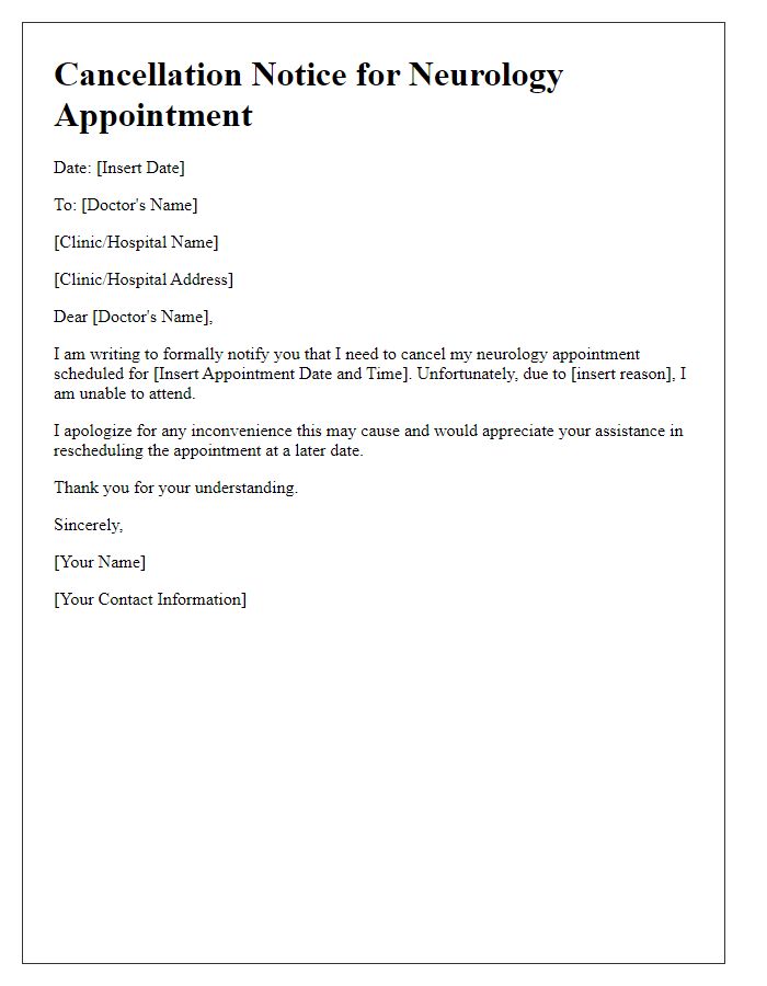 Letter template of cancellation notice for neurology appointment