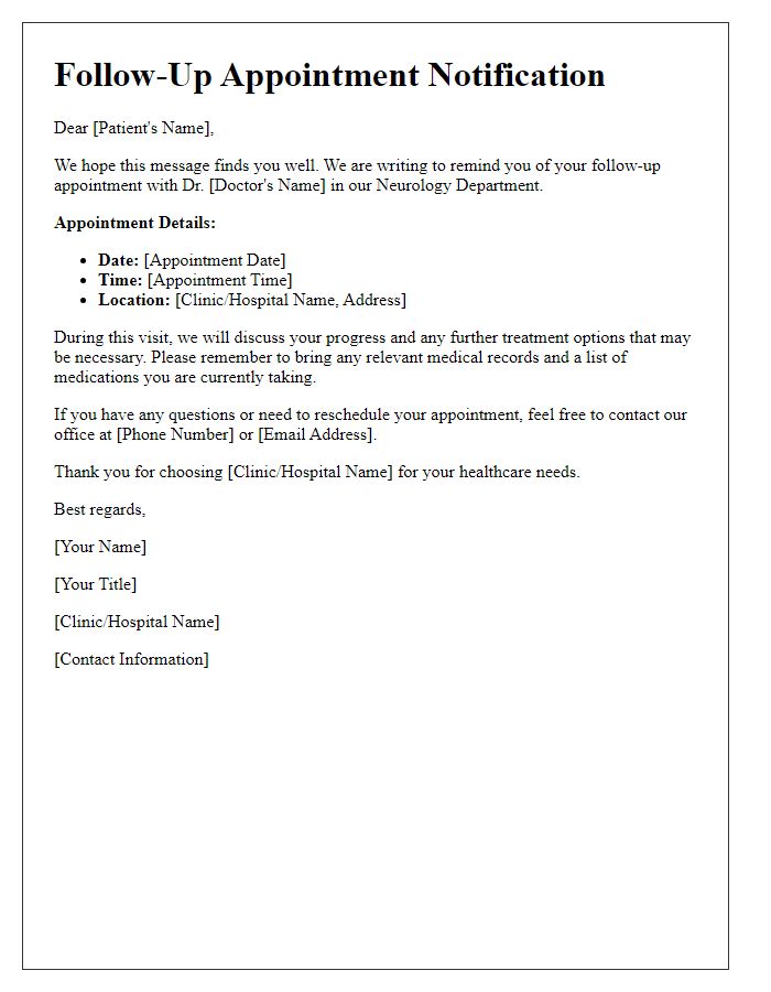 Letter template of follow-up appointment for neurology care