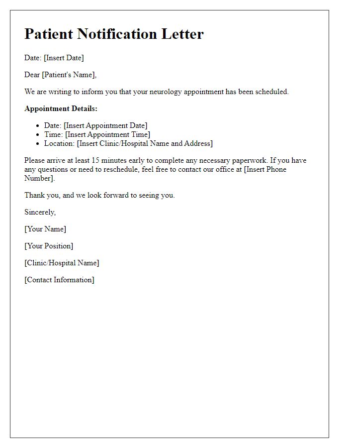 Letter template of patient notification for neurology appointment