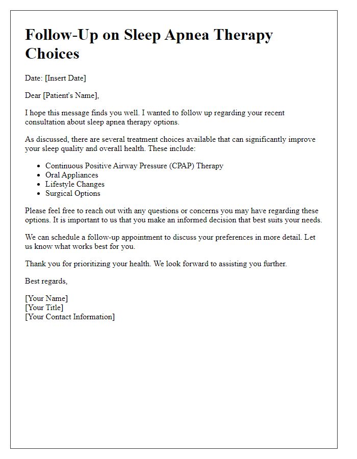 Letter template of follow-up on sleep apnea therapy choices