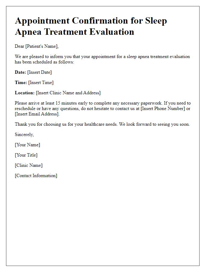 Letter template of scheduling an appointment for sleep apnea treatment evaluation