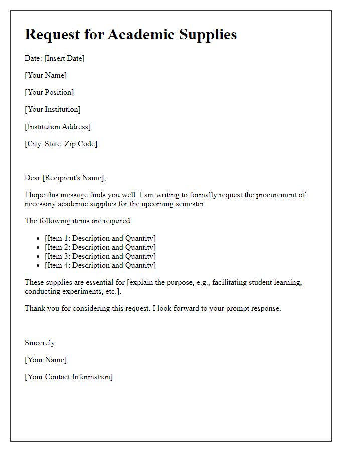 Letter template of academic supplies demand