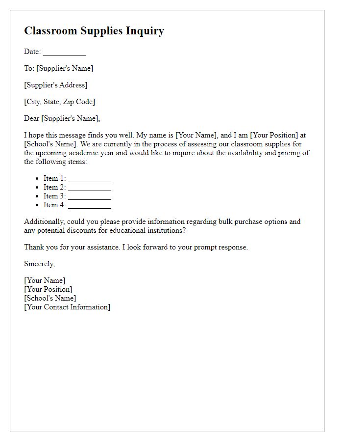 Letter template of classroom supplies inquiry