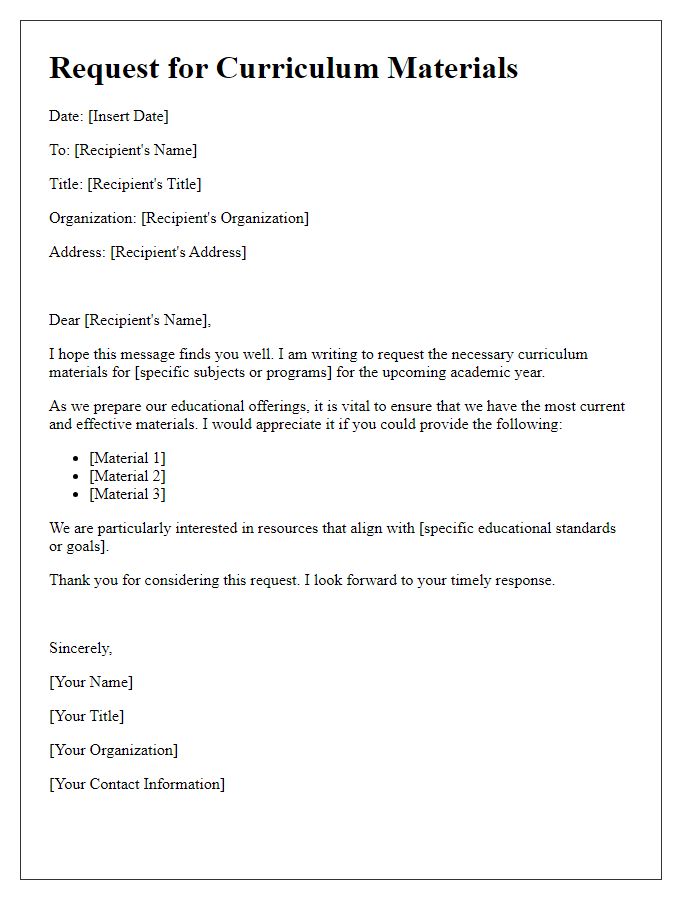 Letter template of curriculum materials need