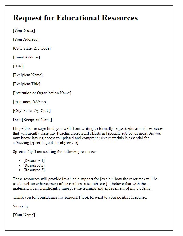 Letter template of educational resources request