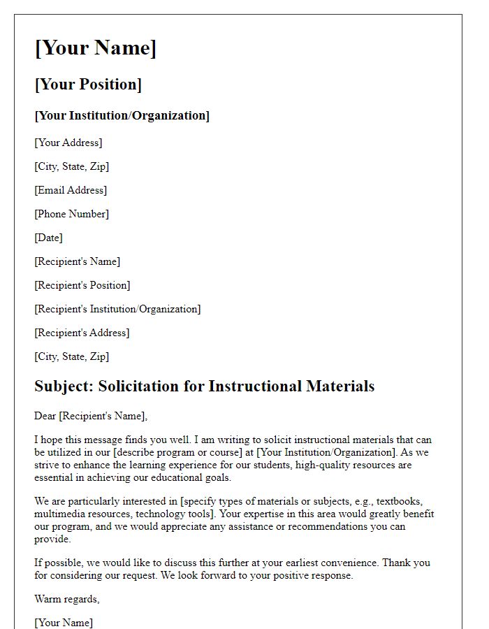 Letter template of instructional materials solicitation