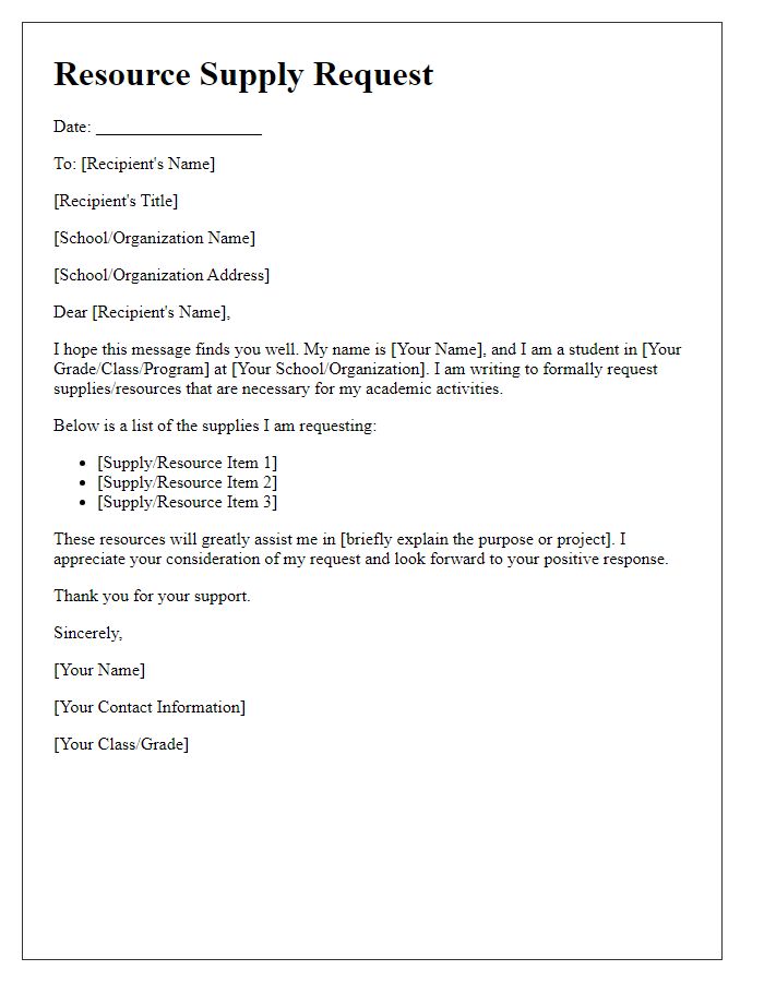 Letter template of student resource supply request