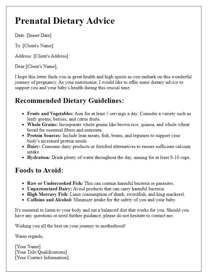 Letter template of prenatal dietary advice for nutritionists.